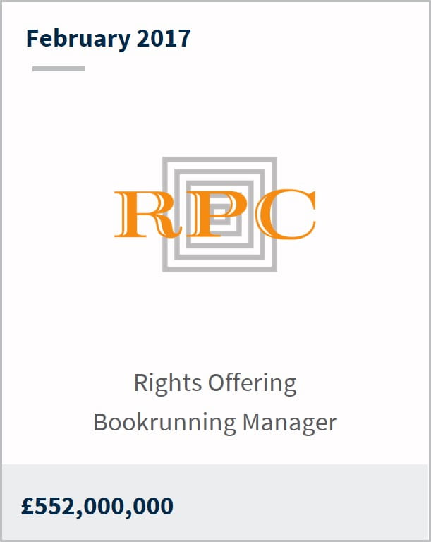 February 2017 RPC £552,000,000 rights offering  bookrunning manager