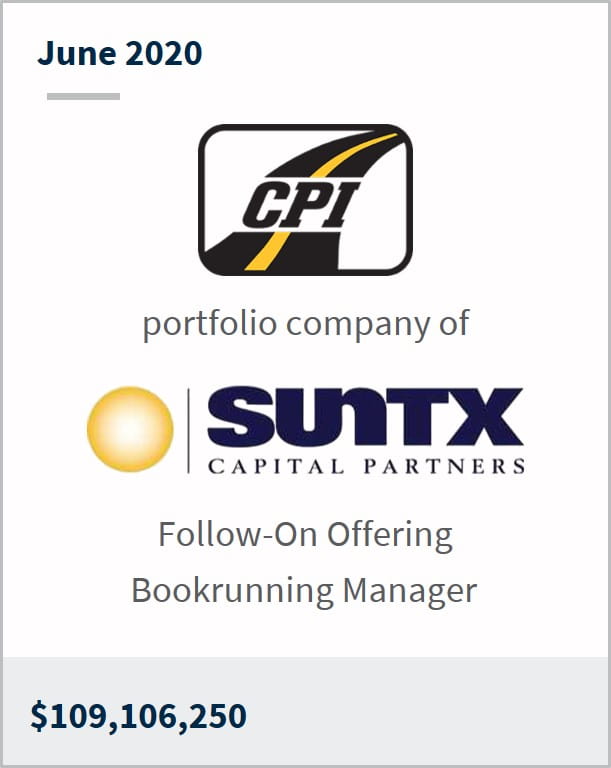 June 2020 Construction Partners a portfolio company of Suntx capital partners $109,106,250 follow-on offering bookrunning manager 