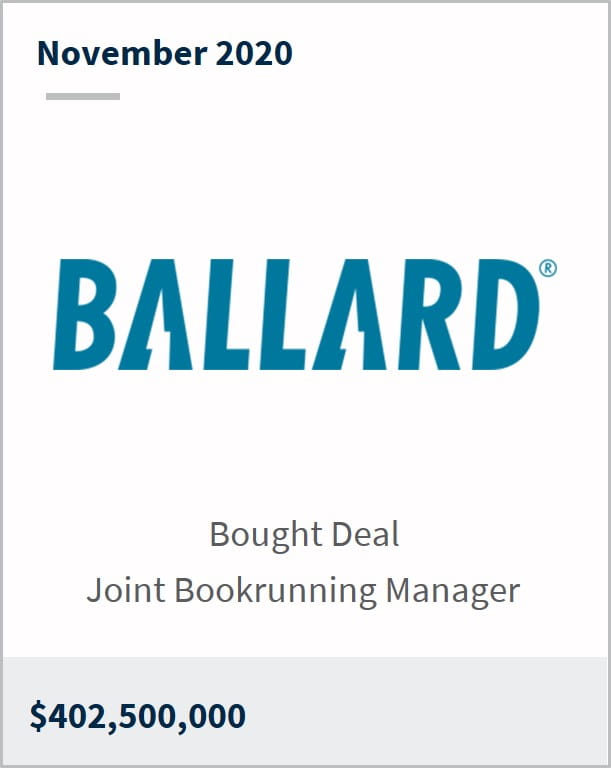 November 2020 Ballard $402,500,000 bought deal joint bookrunning manager 