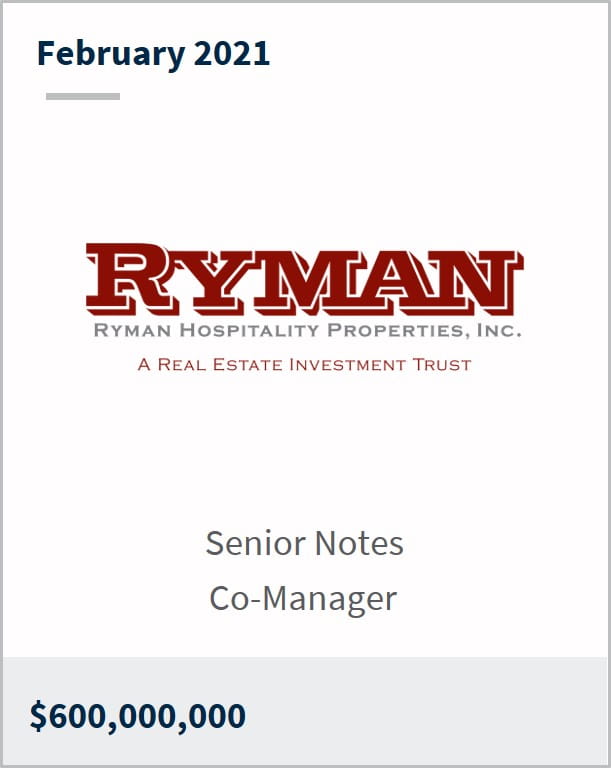 February 2021 Ryman Hospitality Properties Inc $600,000,000 senior notes co-manager