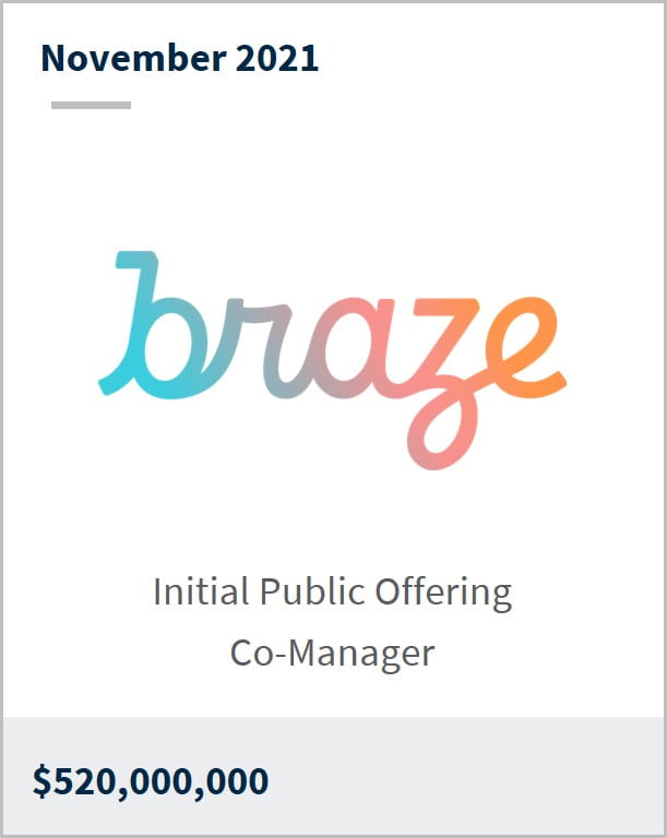 November 2021 Braze $520M initial public offering co-manager 