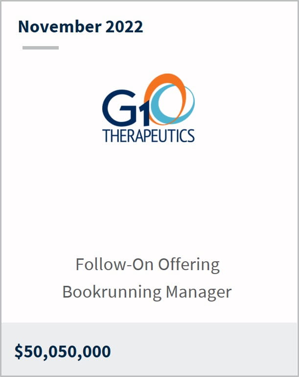 November 2022 G1 Therapeutics $50m Follow-On Offering Lead Bookrunning Manager