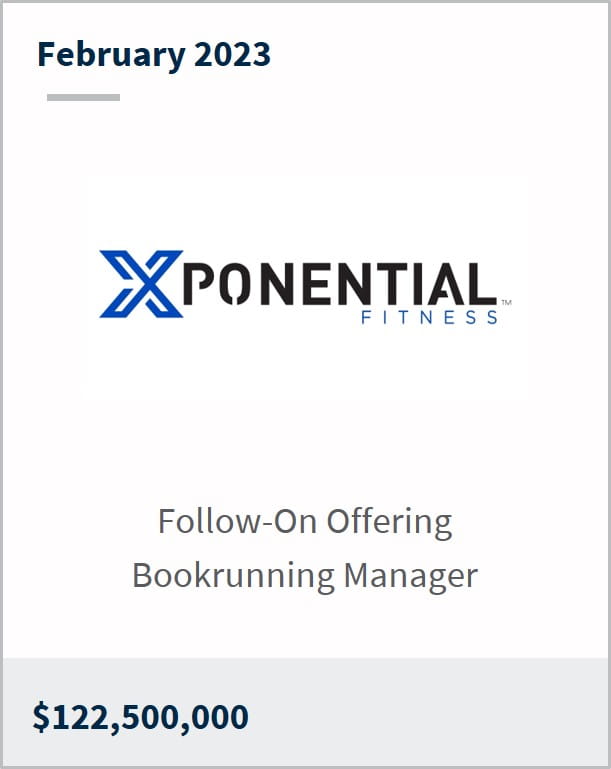 February 2023 Xponential Fitness $122.5m Follow-On Offering Bookrunning Manager