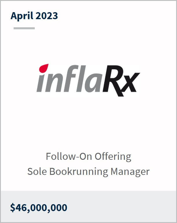 April 2023 InflaRx $46m Follow-On Offering Sole Bookrunning Manager
