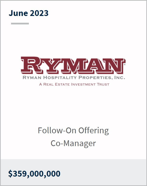 June 2023 Ryman Hospitality Properties $359m Follow-On Offering Co-Manager