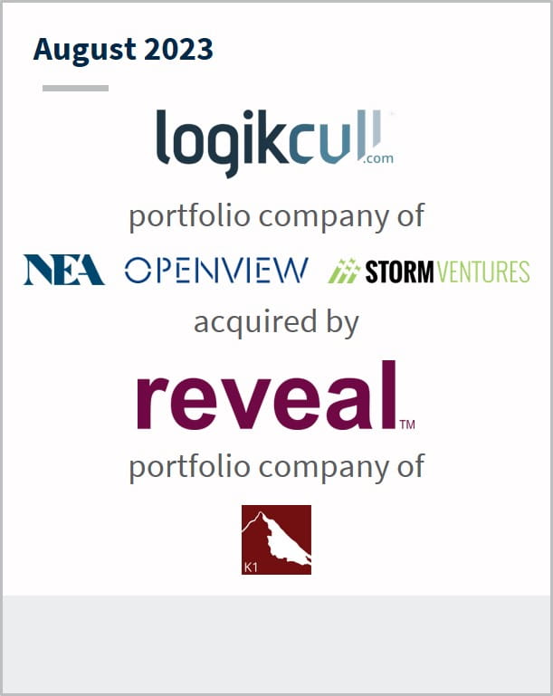 August 2023 Logikcull A portfolio company of NEA Openview Storm Ventures Has been acquired by Reveal A portfolio company of K1 Investment Management