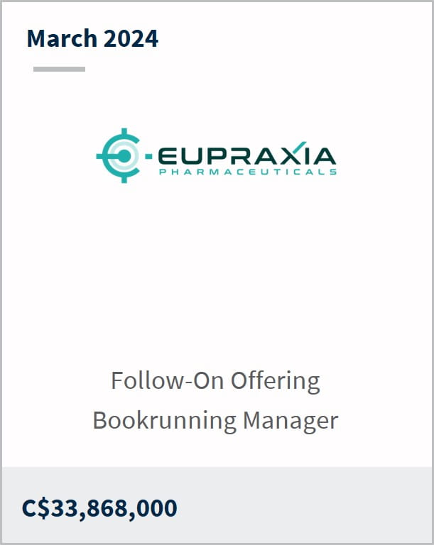 March 2024 Eupraxia C$33,868,000 Follow-On Offering Bookrunning Manager