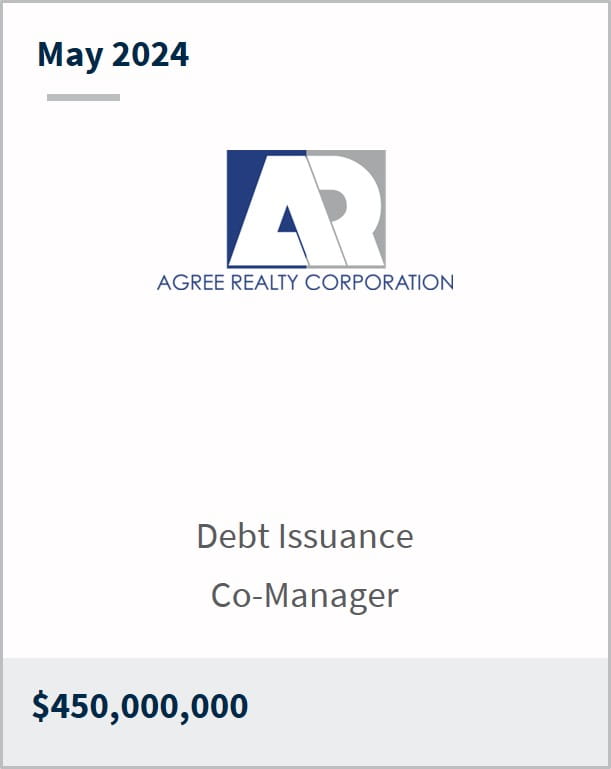 May 2024 Agree Realty $450m Senior Notes Offering Co-Manager