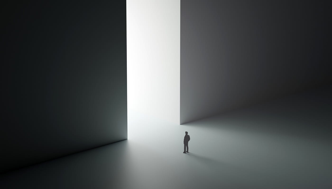 Silhouette of a person standing before a towering, bright doorway in a dark, minimalist space.
