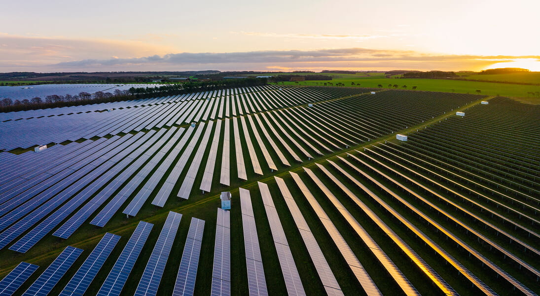 Solar farm at dusk